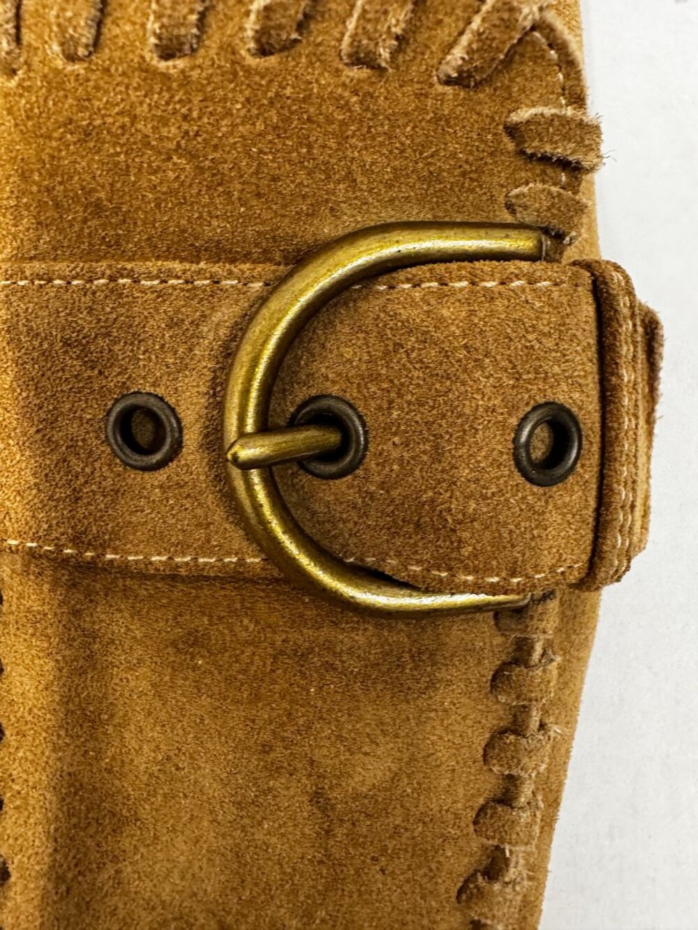 Vintage COACH Womens' Camel Natural Suede Flats Penny Loafers Buckle Stitch Deta - Picture 6 of 10